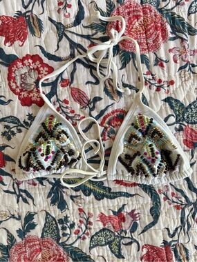 White bikini top with beaded and sequins detail